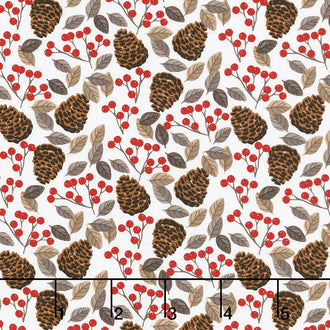 Snow Delightful - Pinecones & Berries Red/White Yardage