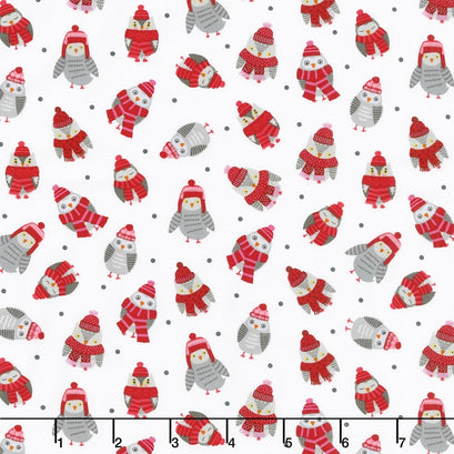Snow Delightful - Tossed Owls Red/White Yardage