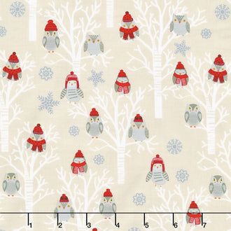 Snow Delightful - Winter Owls in Trees Ecru Yardage