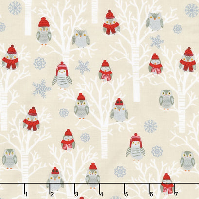 Snow Delightful - Winter Owls in Trees Ecru Yardage
