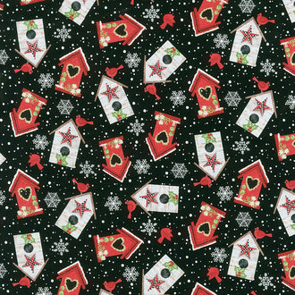 Snow Place Like Home - Tossed Bird Houses Black Yardage
