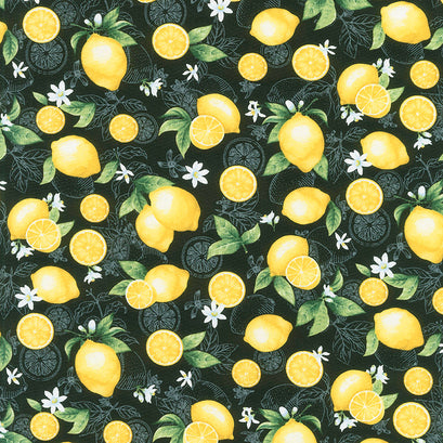 Splash of Lemon - Medium Etched Lemons Black Yardage