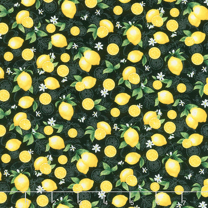 Splash of Lemon - Small Etched Lemons Black Yardage