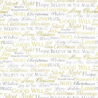 Stonehenge White Christmas - Words Neutral Gold Metallic Yardage