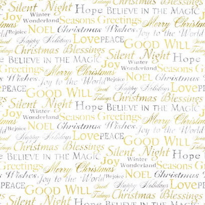 Stonehenge White Christmas - Words Neutral Gold Metallic Yardage