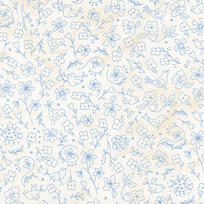 Summertime - Birds & Flowers Cream Blue Yardage