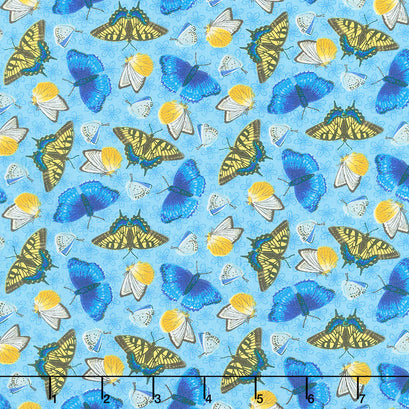 Sunny Sunflowers - Tossed Butterflies Blue Yardage