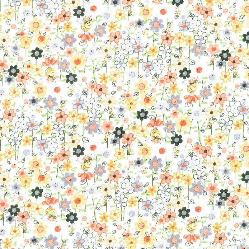 Sweet Bees - Mini Floral and Bees White Yardage