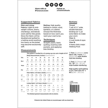 Tamarack Jacket Pattern - Sizes 14 - 30