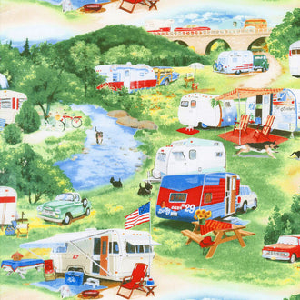 Transportation - Vintage Trailers Spring Camping Scenic Green Yardage