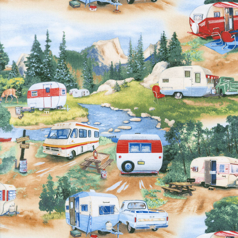 Transportation - Vintage Trailers Western Camping Scenic Green Yardage