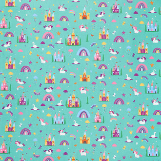 Unicorn Kingdom - Unicorn and Castles Teal Metallic Yardage