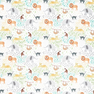 Wild & Free - Wild Animals on Patterned Nature White Yardage