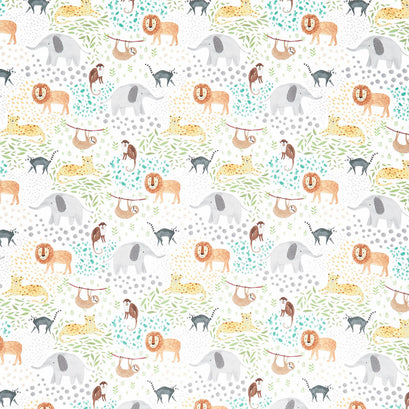 Wild & Free - Wild Animals on Patterned Nature White Yardage