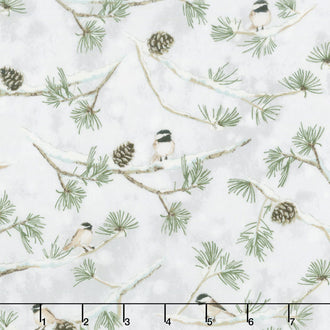 Winter White: Solstice - Winter Birds Metallic Yardage