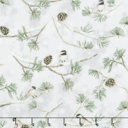 Winter White: Solstice - Winter Birds Metallic Yardage