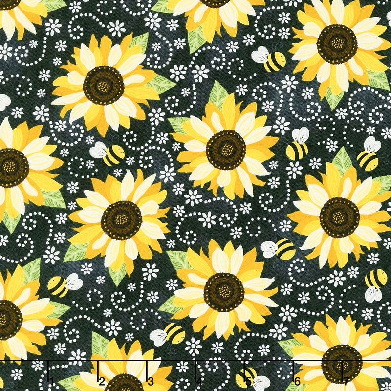 You Are My Sunshine - Sunflower & Bee Chalkboard Black Yardage
